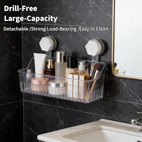 No Drill Bathroom Suction Storage Box, Strong Load-Bearing Shower Caddy Suction Cup Storage Rack with Drain Holes, Removable Hanging Wall Mount Shower Caddy Organizer for Bathroom, Kitchen