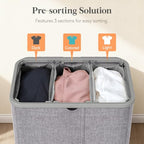 Lifewit 185L Large 3 Section Laundry Hamper with Lid, Plastic Laundry Basket with Bamboo Handles and Removable Bags, Tall Foldable Clothes Hamper for Bathroom Bedroom, Light Gray - color: Light Gray