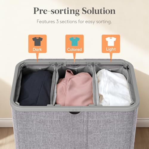 Lifewit 185L Large 3 Section Laundry Hamper with Lid, Plastic Laundry Basket with Bamboo Handles and Removable Bags, Tall Foldable Clothes Hamper for Bathroom Bedroom, Light Gray - color: Light Gray