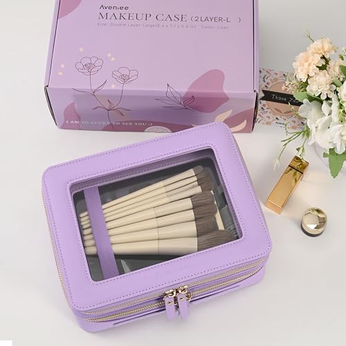 Aveniee Clear Makeup Bags, Double Layer Cosmetic Bags with a Separate Brush Compartment, Large Travel Toiletry Bag Train Case for Women, Travel Accessories Organizer.2 Layers Large, Lilac - color: Lilac, style: Dual Layer Large