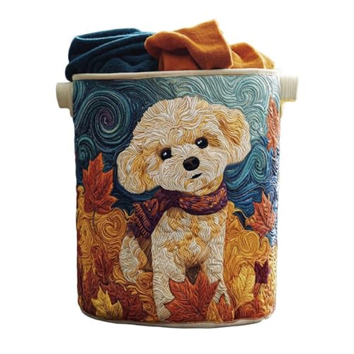 Quilted Laundry Basket with Handles, Large Soft Fabric Storage Hamper for Clothes, Toys & Blankets, Boho Floral Collapsible Basket for Nursery, Bedroom, Laundry Room - color: Dog, size: L-20X28In