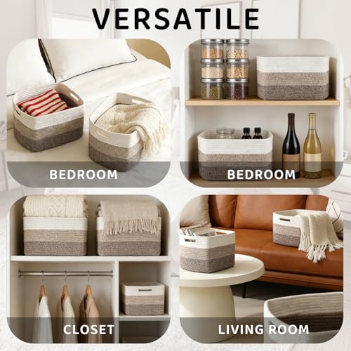 4 Pack Storage Baskets for Organizing, 12''Lx9''Wx8''H Woven Baskets for Storage Toys, Towels, Books, and Clothes, Cotton Rope Basket for Shelves with Handle White & Brown - color: White & Khaki