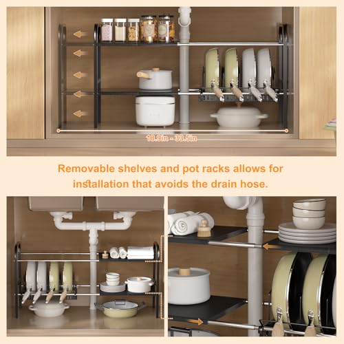 Under Sink Organizer 2 Tier Kitchen Storage Rack, Expandable Pot and Pan Organizer with Adjustable Height & 4 Dividers, Removable Kitchen Shelf for Cabinet, Countertop(4panels,1 Pot rack, Black)