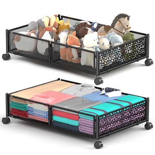 Under Bed Storage With Wheels, 2 Pack Foldable Pattern Carved Metal Under Bed Storage Containers, 60L Rolling Underbed Storage, Easy Assembly Under The Bed Storage for Shoes, Clothes, Blankets... - color: Black, size: 2 Pack