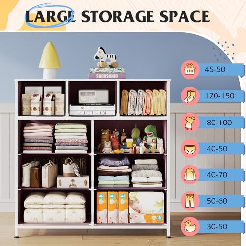 WLIVE 9 Drawer Dresser, Fabric Storage Tower for Bedroom, Hallway, Closet, Tall Chest Organizer Unit for Bedroom with Fabric Bins, Steel Frame, Wood Top, Easy Pull Handle, A-Pink - color: A-pink