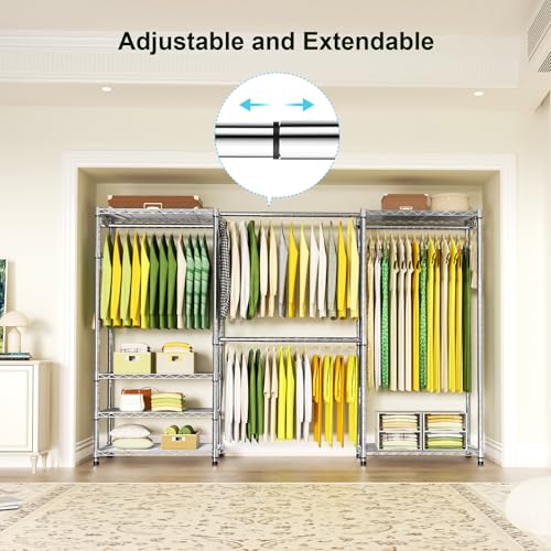 Ulif E1 Heavy Duty Closet Garment Rack, 6 Tiers Adjustable Metal Freestanding Expandable Clothing Storage with 4 Hanger Rods, Easy to Assemble Wardrobe, 71.4" H x (70" - 88.2") L x 14" D, Chrome - color: Chrome