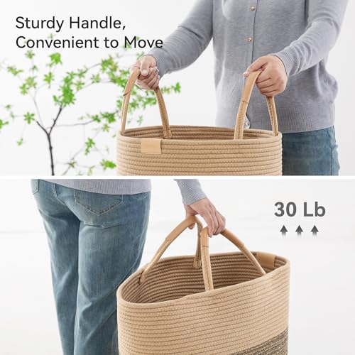 Nunsino 95L Striped Laundry Hamper with Leather Handles,Large Foldable Laundry Basket for Clothes,Cotton Rope Storage Bin for Blankets,Woven Clothes Basket for Bedroom,Dark Brown Stripes - color: Dark&Brown, size: 95L/25.1Gal