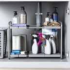 Simple Houseware Under Sink 2-Tier Heavy Duty Expandable Rack Organizer, Adjustable Width 15.75–25 Inches with 4 Shelf Height Levels, Silver - color: Silver