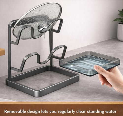 NUOREEL Kitchen Pot Lid Organizer, Extra-Wide Kitchen Pot Lid Storage Rack for Bigger Lids, Heavy-Duty Carbon Steel Frame with Reinforced ABS Base, Fits 30–32cm Lid (Gray) - color: Gray