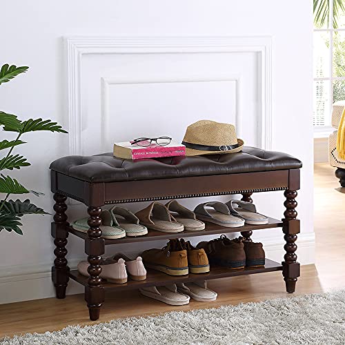 LEILISI Shoe Bench, Wood Storage Bench with Cushion Seat, Shoe Rack with Hidden Storage Space for Entryway Living Room Bedroom Hallway (Walnut, 31.5'') - color: Walnut, size: 31.5
