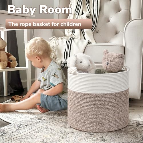 Goodpick Woven Laundry Basket, 15 x 14.2 Inches Cotton Rope Basket for Blankets, Soft Blanket Storage Baskets with Handles for Living Room, Woven Toy Storage Organizer for Nursery, Brown - color: Brown, size: 15 × 14.2 inches