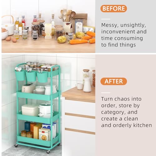 JIUYOTREE 4-Tier Plastic Rolling Storage Cart Utility Cart with Extra Hanging Cups Handles Lockable Wheels for Living Room Bathroom Kitchen Office Green - color: Green, size: 4-Tier