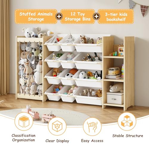 EXPERLAM 3-in-1 Toy Storage Organizer, Stuffed Animal Holder & 3-Tier Bookcase, Solid Wood Toy Organizer with 12 Storage Bins, Space-Saving Toy & Book Shelf for Kids Rooms, Bedroom, Playroom, White - color: White