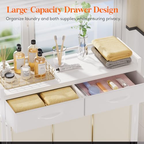 Lifewit Laundry Hamper 3 Section, Large Rolling Laundry Sorter with Shelf & 2 Drawers, Pull-Out Laundry Basket Organizer with Wheels and Removable Bag for Laundry Room Bathroom, White and Beige - color: White