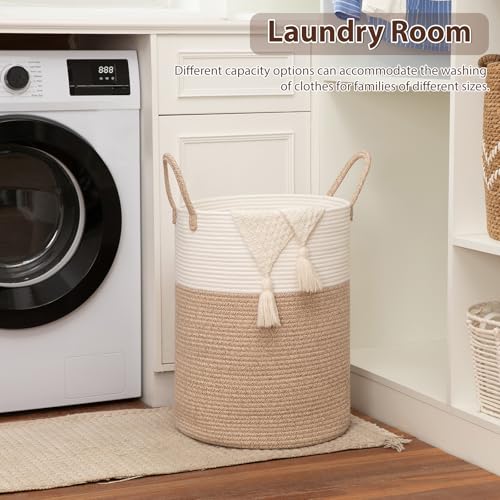 OIAHOMY Large Laundry Basket Hamper - 80L Cotton Rope Woven Basket for Blankets, Toys, Clothes - Tall Decorative Nursery Hamper with Long Handles, Brown/White - color: Brown/White, size: 80L