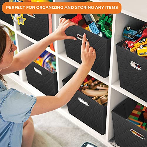 FH Group JIAessentials 12" Faux Leather Foldable Storage Cube Bins Set of 2 – Black Diamond Patterned Organizers with Handles for Closet & Shelves - color: Black, size: Medium