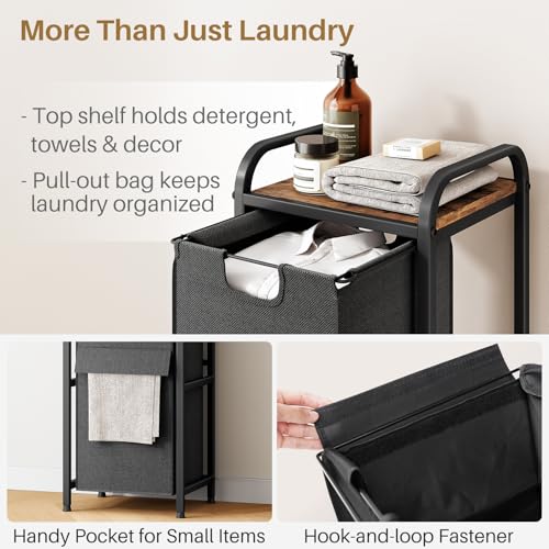 Kitstorack Laundry Hamper, Laundry Basket, Laundry Sorter with a Pull-Out and Removable Bag, Shelf, Metal Frame, 17 Gallons (62 L), Ink Black and Rustic Brown - color: Rustic Brown、Black, size: 1 Bags(15"L x 12.6"W x 27.6"H)