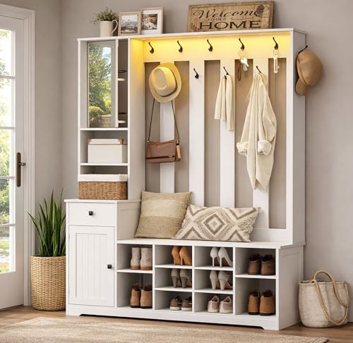 Hall Tree with Bench and Shoe Storage, 59.1" Farmhouse Entryway Bench with Coat Rack and Fabric Drawer, 11 Coat Hooks and 10 Shoe Cubbies, LED Lights, Rotating Mirror with Shelves, White