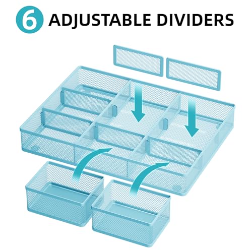 Marbrasse 3 Packs Desk Drawer Organizers, Metal Mesh Dividers with 9 Adjustable Compartments, Pen Organizer for Drawer Tray Box Accessories for Desktop,Kitchen, Makeup(Blue) - color: Blue