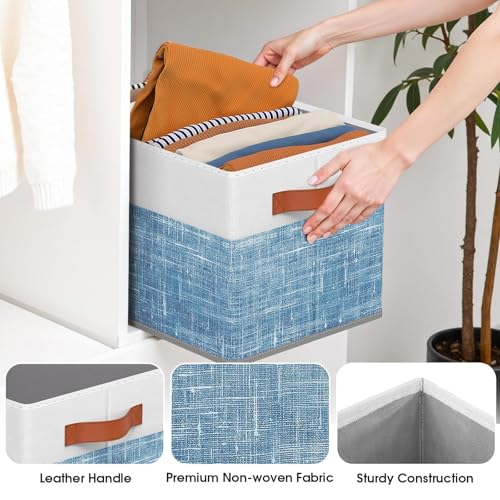 Fab totes Collapsible Storage Baskets for Shelves,14"x10", 4 Pack Foldable Fabric Storage Bins with Double Leather Handles, Large Baskets for Organizing Books, Clothes, White & Blue - color: Blue, size: 4pack