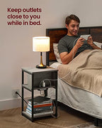 VASAGLE Side Table with Charging Station, 3-Tier End Table with USB Ports and Outlets, Nightstand for Living Room, Bedroom, 11.8 x 13.4 x 22.8 Inches, Plug-in Series, Greige and Black - color: Greige + Black