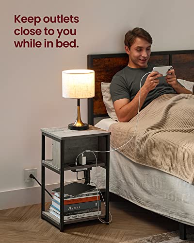 VASAGLE Side Table with Charging Station, 3-Tier End Table with USB Ports and Outlets, Nightstand for Living Room, Bedroom, 11.8 x 13.4 x 22.8 Inches, Plug-in Series, Greige and Black - color: Greige + Black