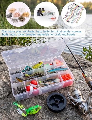 Hlotmeky Plastic Organizer Box with Dividers Bead Organizer 15 Large Grids Tackle box Organizer Clear Snackle Box Container
