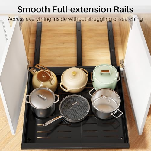 Pull out Cabinet Organizer, 1-Pack Expandable(13.6"-24") Silde out Drawers with Raising Pad for Framed Cabinets, Adjustable Full-Extension Adhesive Roll out Shelves for Kitchen Pantry Home Pot and Pan - color: Black, size: (13.6''-24'')Wide-21''Deep (1Pac