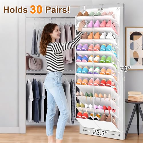UVIAHOMI 20-30 Pairs Over the Door Shoe Organizer, Clear Pockets Hanging Shoe Storage for Closet, 10-Tier Door Shoes Rack, Handing Shoes Holder Fit All the Family's Sneakers, Boots, Heels, White - color: White