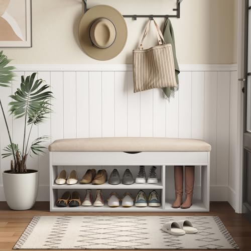 Apicizon 39 Inches Storage Bench with Padded Cushion, Shoe Bench with Storage Space, Upholstered Entryway Bench for Living Room, 2-Tier Shoe Rack Organizer, White - color: A-white, size: 39 Inch