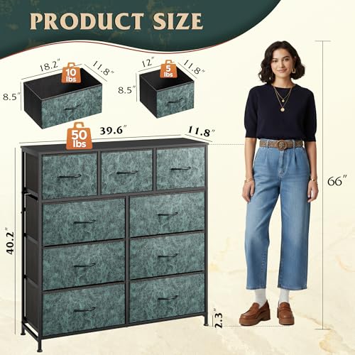 WLIVE 9 Drawer Dresser, Fabric Storage Tower for Bedroom, Hallway, Closet, Tall Chest Organizer Unit for Bedroom with Fabric Bins, Steel Frame, Wood Top, Easy Pull Handle, Vintage Green - color: Turquoise