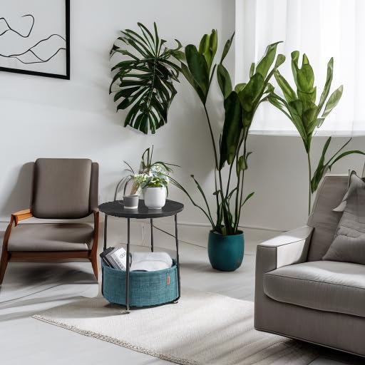 VASAGLE LILEA Collection - Small Round Side End Table, Modern Nightstand with Fabric Basket, Ebony Black and Turquoise Blue ULET223B56 - color: Ebony Black + Turquoise Blue, size: Round + 1 pack