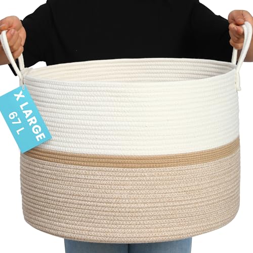OrganiHaus Large Woven Storage Basket for Blankets and Toys 20" x 13" Inch, Rope Laundry Basket with Handles, Cushions & Pillows Storage Bin, Nursery Hamper, Soft Round Dog Toy Bin - Honey Stripe - color: Striped Honey, size: Wide