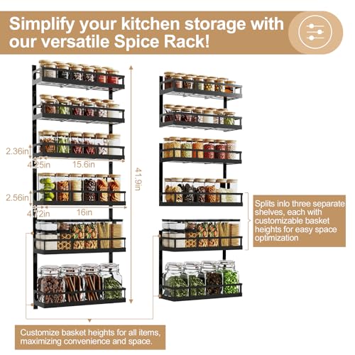 X-cosrack 6-Tier Wall-Mounted Spice Rack Organizer with Mixed Basket Sizes, Height-Adjustable Hanging Spice Shelf for Kitchen Pantry Cabinet, Large-Capacity Seasoning Holder, Black - color: Black, size: 6x 4.6"D