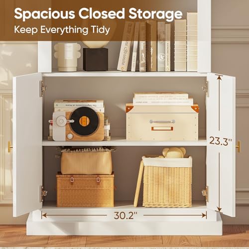 71" Modern Tall Bookcase and Bookshelf, Modern Storage Combination for Home Office or Study,and Living Room with Glass Door and Open Shelf Cabinets, White with Gold Handles, 4 of Set