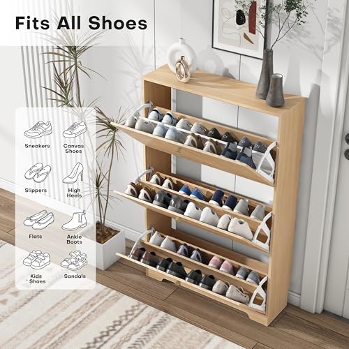 Nicetree Shoe Cabinet with 2 Flip Drawers，Freestanding Shoe Storage Cabinet, Narrow Shoe Organizer Cabinet, Farmhouse Slim Shoe Rack Cabinet for Entryway,Natural Oak with Hook - color: Natural Oak, style: 3-Drawers with Hook