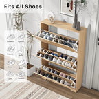 Nicetree Shoe Cabinet with 2 Flip Drawers，Freestanding Shoe Storage Cabinet, Narrow Shoe Organizer Cabinet, Farmhouse Slim Shoe Rack Cabinet for Entryway,Natural Oak with Hook - color: Natural Oak, style: 3-Drawers with Hook