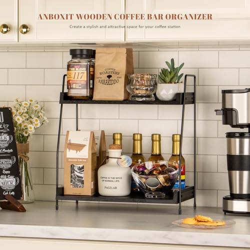 ANBOXIT 2-Tier Coffee Station Organizer, Wooden Kitchen Counter Shelf - Black - color: Black