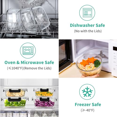 34pcs Glass Food Storage Containers with Lids Set, Airtight Glass Meal Prep Containers (17 Containers & 17 Lids), Leak Proof Lunch Container BPA-Free, Microwave, Oven, Freezer, Dishwasher Safe-Black - color: Black