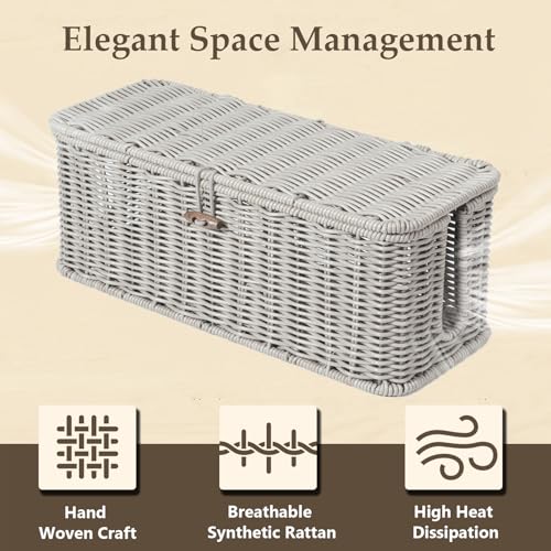 BROWNLILY Cable Management Box, Rattan Style Cord Organizer for Desk Cord Hider Outlet Covers Baby Proofing for Power Strip TV PC Router Charger Under Desk Storage with Lockable Lid and Cable Ties - color: Gray, size: M