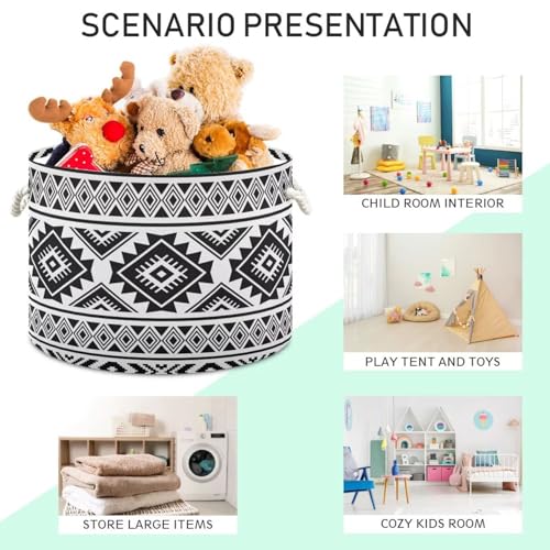 Black Ethnic Aztec Print Round Storage Basket Retro Tribal Navajo Geometric Large Laundry Hamper 20" x 20" x 14" Organizer Bin with Handles Clothes Storage Bag for Nursery Bedroom Living Room Decor - color: Black