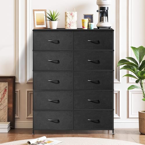 10-Drawer Dresser for Bedroom, Anti-Tip Tall Storage Organizer Chest of Drawers with Wooden Top and Metal Frame Fabric Bins for Closet, Living Room, Hallway, Entryway, Black - color: Black, size: 11.8"D x 31.4"W x 45.6"H (10 Drawers)