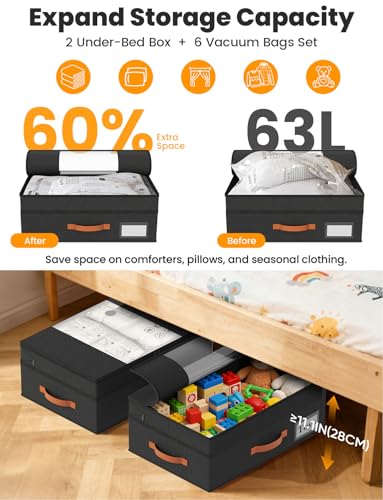 2-Pack Under Bed Storage with Wheels and 6 Vacuum Seal Bags, Adjustable Height 7.9"-10.2",Heavy Duty Capacity,Clear Lid Organizer for Dorm Bedroom Clothes Shoes Books,Quick Assembly Space Saver，Black - color: Black, size: 10.2 inches