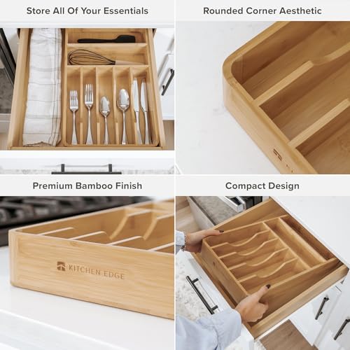 KitchenEdge Silverware Organizer - Cutlery, Flatware, and Utensil Holder for Kitchen Drawers, Fixed 10.5” Width, 7 Storage Compartments, Non-Slip Feet, Rounded Corners, 100% Bamboo - color: Natural Bamboo