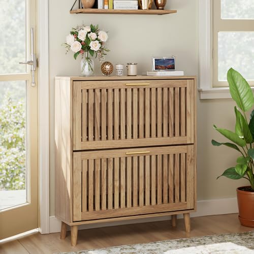 Smart FENDEE Shoe Storage Cabinet with 2 Flip Slatted Drawers, Narrow Freestanding Shoe Cabinet with Gold Handle, Hidden Entryway Shoe Organizer for Hallway, Foyer, Natural Oak - color: Natural Oak, size: 31.5" W