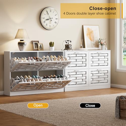 White Shoe Cabinet Storage with 4 Flip Drawers for Entryway, Slim Shoe Rack Cabinet with Woven Design Drawers, Narrow Shoe Organizer for Hallway, Apartment - color: White, size: 4 Drawers