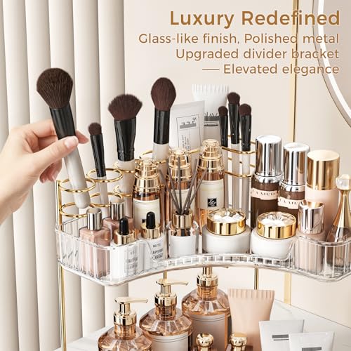 BEFSOP Corner Bathroom Counter Organizer, Upgraded 2-Tier Makeup Organizer Countertop with Makeup Brush Holder, Skincare Exquisite Vanity Organizers Countertop Bathroom Storage Dresser(CLEAR) - color: Clear, size: 2 Tier