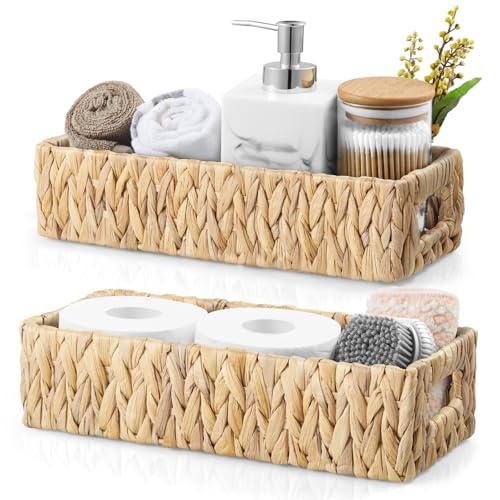 dreamkey Set of 2 Water Hyacinth Toilet Paper Storage Baskets, Wicker Bathroom Organizer for Toilet Tank Top, Small Hand-Woven Decorative Nesting Baskets with Handles - style: Rustic