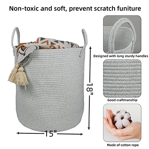 XUANGUO Cotton Rope Laundry Basket Hamper for Clothes Woven Storage Basket for Living Room Bedroom Boho Tall Rope Baskets for Blanket Toys Pillow Towels Baby Nursery Hamper Bin Large light grey - color: light grey, size: Regular