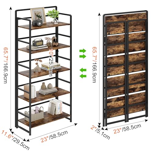 No Assembly Folding Bookshelf, 5 Tiers Collapsible Book Shelf for Home Office, Vintage Wood Foldable Bookcase Storage Organizer for Living Room Bedroom (Rustic Brown) - color: Rustic Brown, size: 5-tier